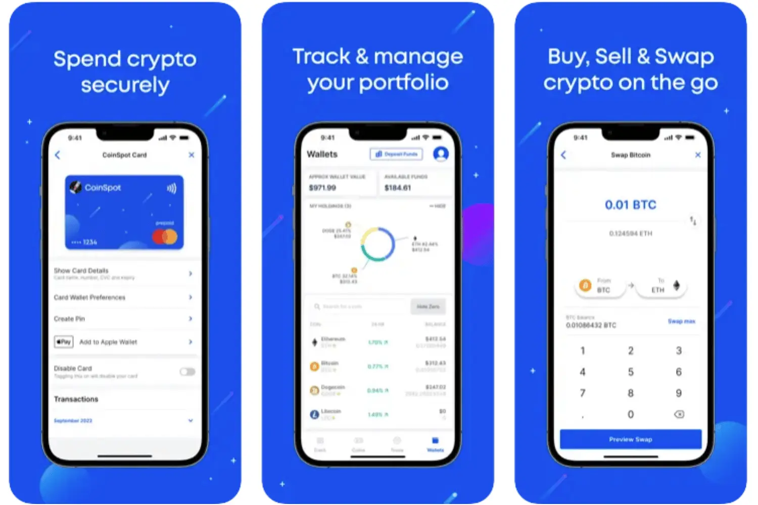 Three screenshots of the CoinSpot app